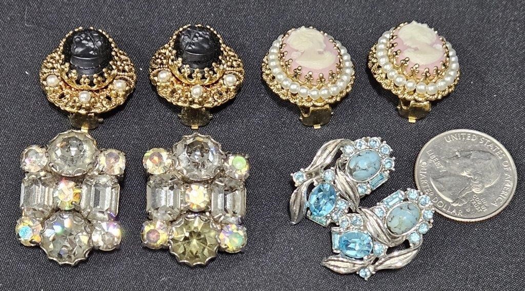 4 Pairs Clip Earrings - W German Cameo, Rhinestone
