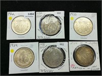 (6) Silver Pesos 1922-1944 3.88 oz w Sleeves