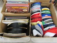 2 BOXES OF RECORDS & MEN'S BASEBALL TYPE HATS:
