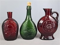 Lot Of Ruby Red And Green Glass Bottles, Pitcher