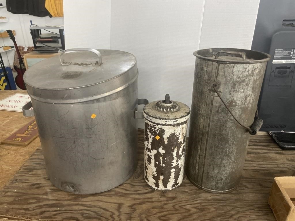 Stock pot, antique ice cream make, vintage milk