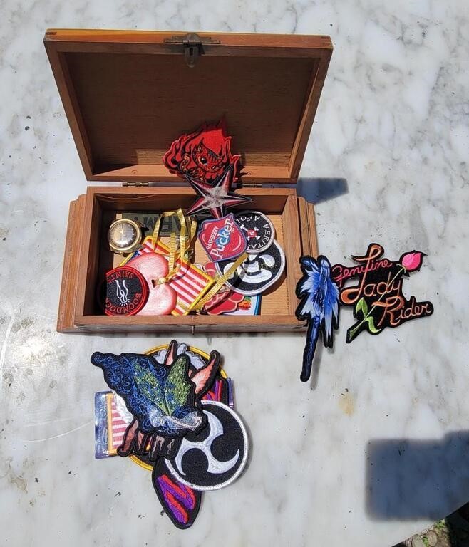 Vintage Wood Box With Patches, Watch & More