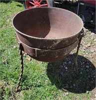 Antique Large Cast Iron Cauldron Cracked W/ Stand