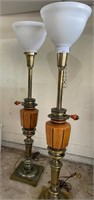 2 pcs Pair of Vintage Brass and Faux Wood Lamps