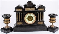 Antique French Black Marble Mantel Clock & Urns
