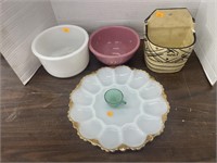 Vintage egg tray, pottery bowls