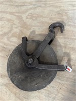 LARGE WOODEN AND IRON WELL PULLEY