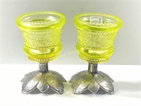 Pair Of Small Vaseline Glass Vases