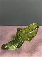 Fenton green glass daisy & button shoe slipper