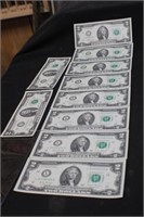 Lot of 10 UNC Consecutive $2 Bank Notes