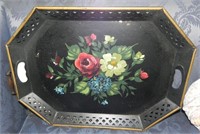 Large Vintage Hand Painted Floral Tole Tray