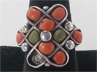 Sterling Silver & Coral Ring 16.5gr TW Size 8