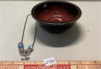 SIGNED POTTERY BOWL WITH PRETTY CHARM NECKLACE