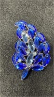 Vintage Rhinestone Blue Leaf Shape Brooch 3" X 2"