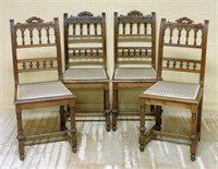Henri II Style Spindle Gallery Crowned Oak Chairs.