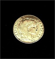 1900 FRENCH 10 GOLD FRANCS ROOSTER COIN, 3.2 GRAMS