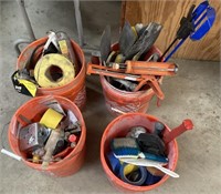 Four 5 Gallon Buckets Full Of Tools And Hardware