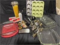 Pyrex baking dishes, flatware and assorted kitchen