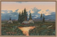 GUY ROWBURY (20TH C.) GOUACHE NATIVE AMERICAN CAMP