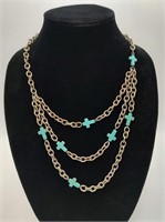 Triple Chain Necklace w/7 Turquoise Crosses