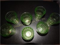 7 Green Depression Glass tumblers 4" T