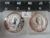 Two, 1991 1 oz. Silver Austrailian $5 Kookaburra