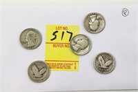 3 Silver Washington Quarters and 2 Standing
