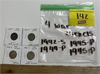 4 WAR NICKELS, 1942-S, 1944-P, 1945-P, 1945-P