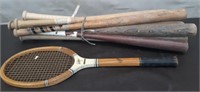 Bundle 9 Wood Baseball Bats, Vintage Tennis Racket