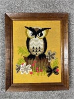 Vintage Needlepoint Framed Owl Floral Art