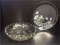 SILVER OVERLAY FLOWERS ON GLASS - BOWL & PLATE