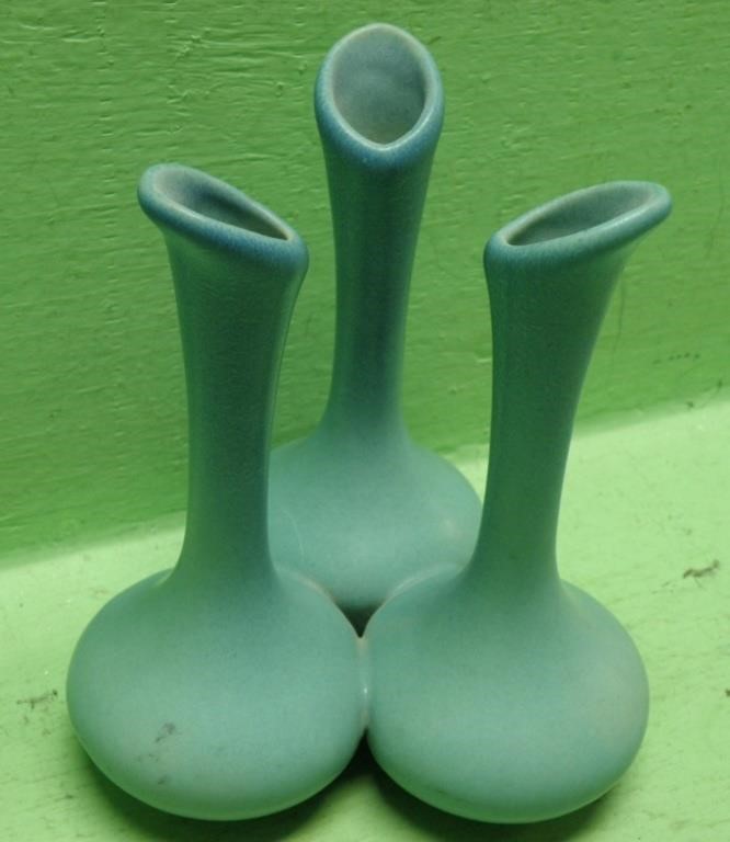 Van Briggle Pottery Ming Blue Triple Bud Vase