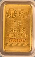 1g 999.9 Fine Gold Bar Ser# SB049837