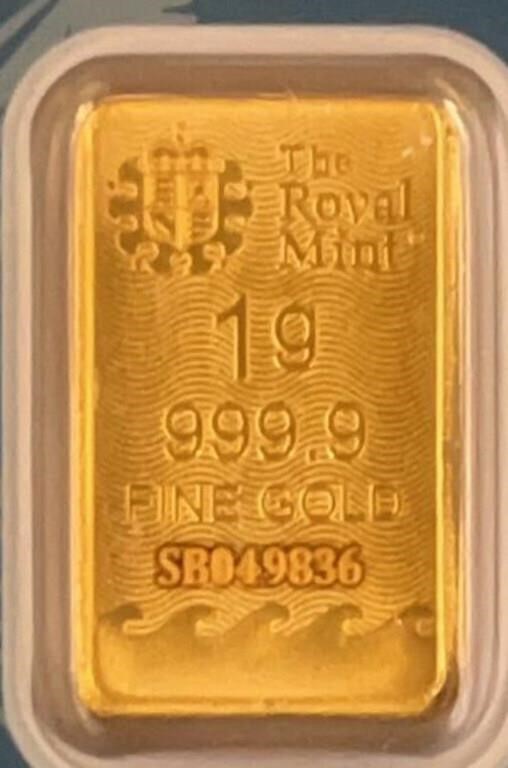 1g 999.9 Fine Gold Bar Ser# SA049836
