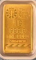1g 999.9 Fine Gold Bar Ser# SB049838