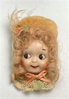 Vintage Doll faced Brooch with Real Hair