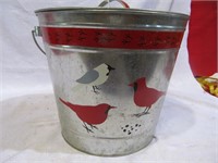 Metal pail w. birds on it, has lid