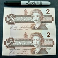 2 billets de 2$ 1986 du CANADA non coupés