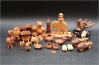 28 Miniature Wood Carved & Clay Cats, Elephants++