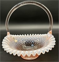 Fenton Pink Opal Hobnail Crimp Basket