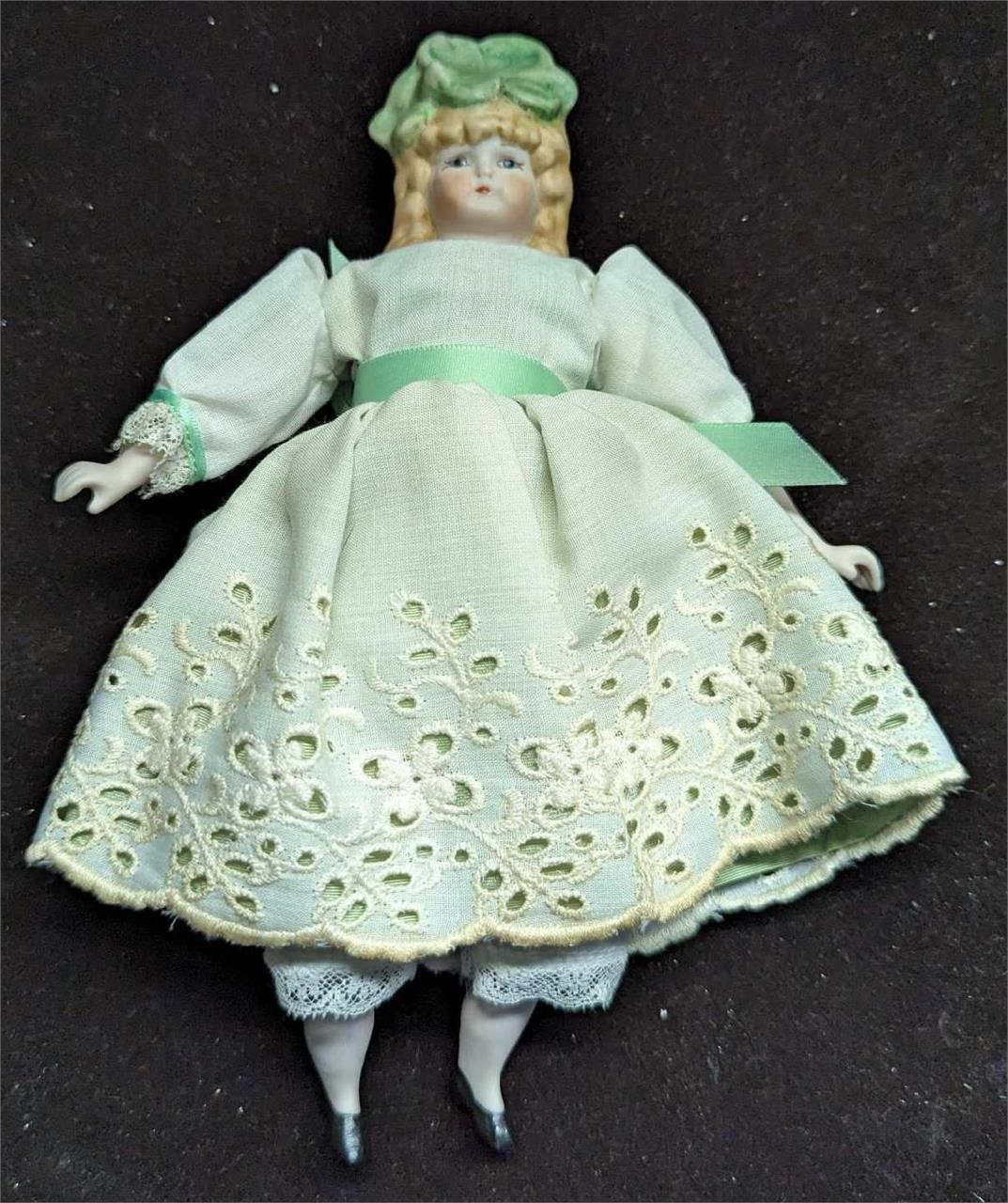 Vintage Porcelain Bisque Head Girl Green Dress Dol