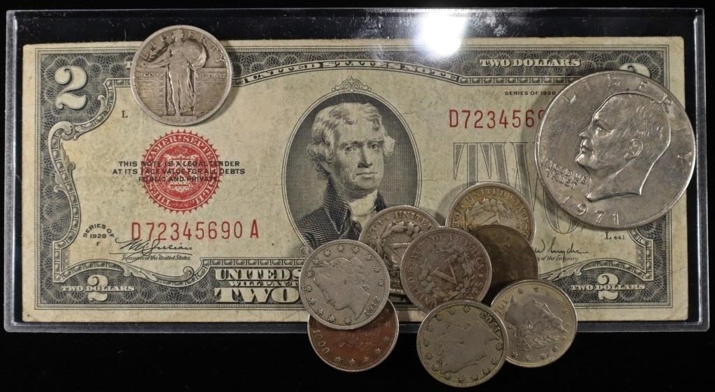 MISC COINS & 1928 $2 RED SEAL NOTE