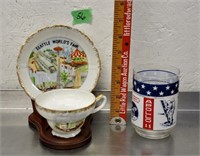 Vintage souvenir cup, saucer, glass, see pics