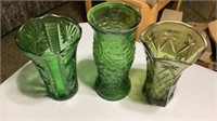 3 Green Glass Vases Tallest Being 9 3/4 in