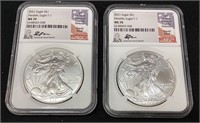 (2) 2021 SILVER AMERICAN EAGLES, MS70, SIGNED
