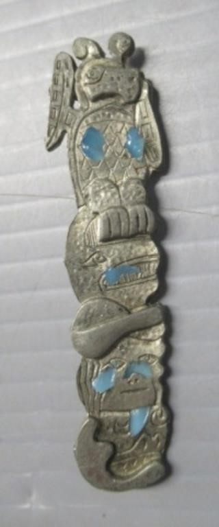 Totem Pole Pin with Emeralds Inlayed. Vintage.