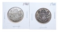 Lot 2 Canada Silver 50 Cents -George VI 1940 19441