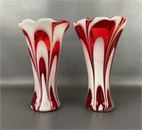 Pair Of Vintage Red & White Art Glass Vases