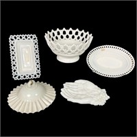 Vintage Milk Glass Pieces, One Signed