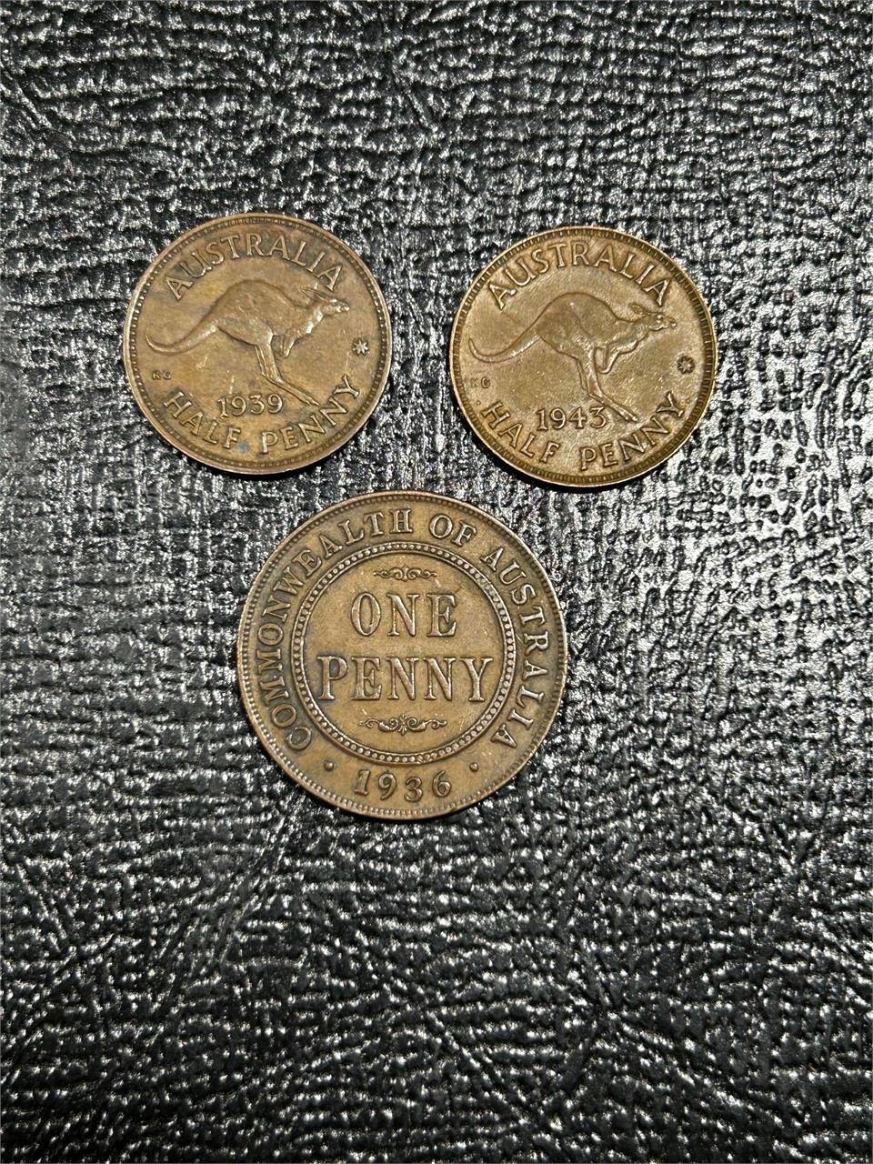 (3) Australian Large Penny and Half Penny's